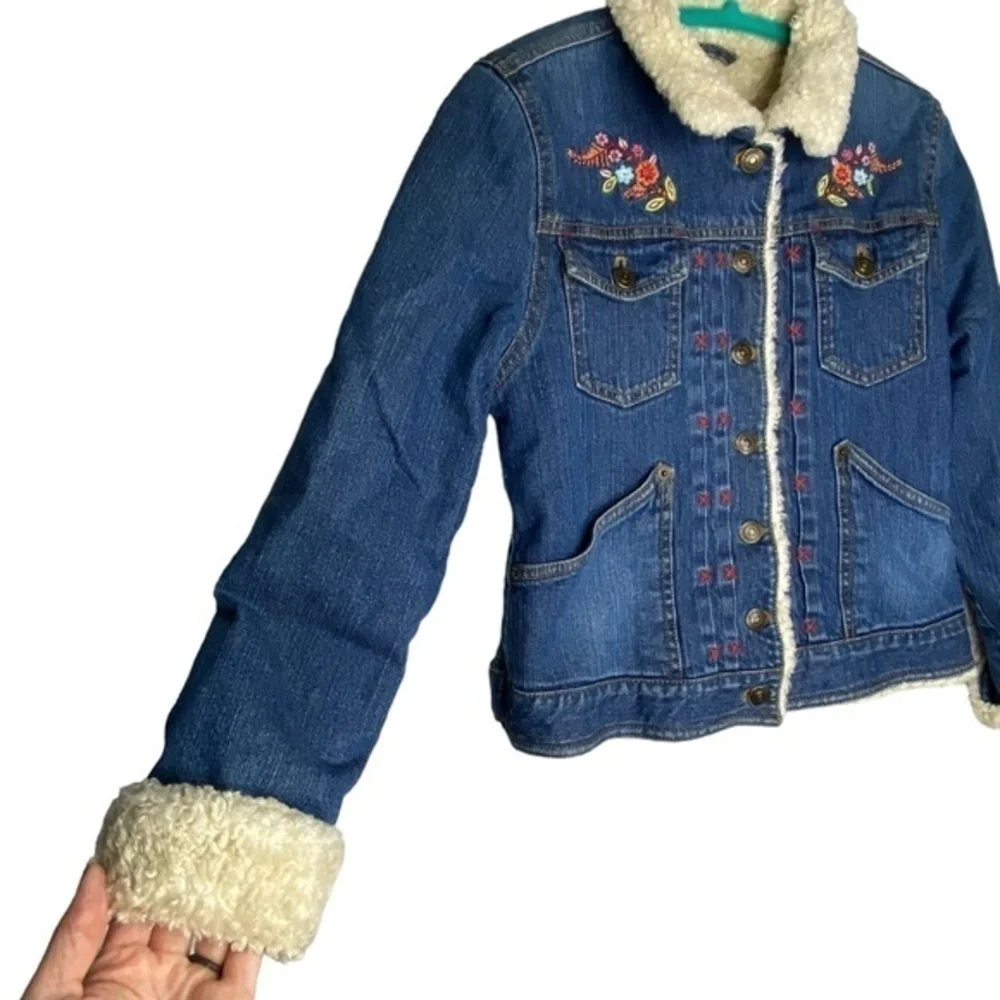 GAP Girls Jean Jacket Denim Blue Faux Sherpa Lined Floral Embroidered Size XL 12